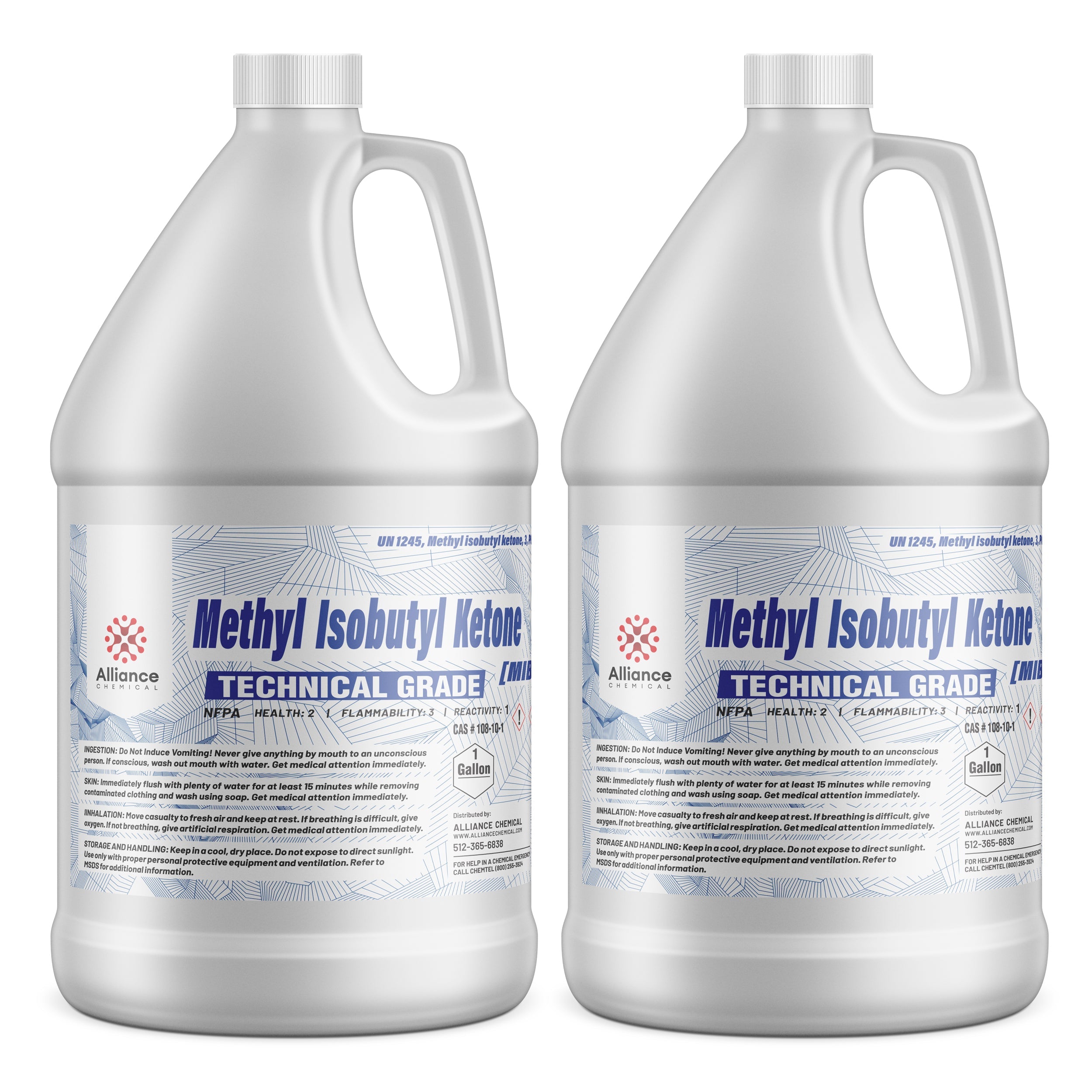 2-gallon white HDPE jugs of Technical Grade Methyl Isobutyl Ketone (MIBK) with NFPA diamond showing health-2, flammability-3, reactivity-1.